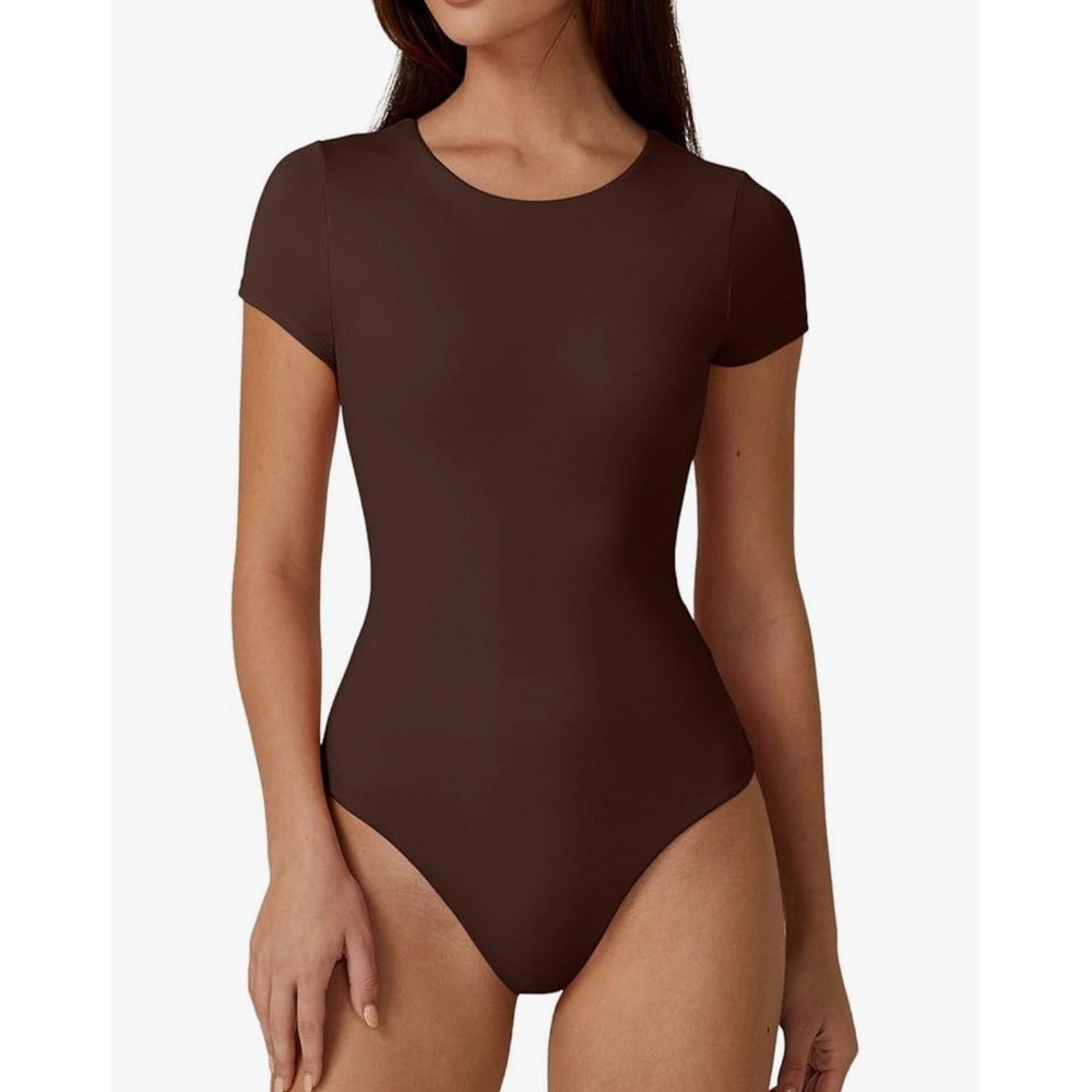 QINSEN Women's‎ Small Crew Neck Short Sleeve Bodysuit Double Lined Shirt Brown